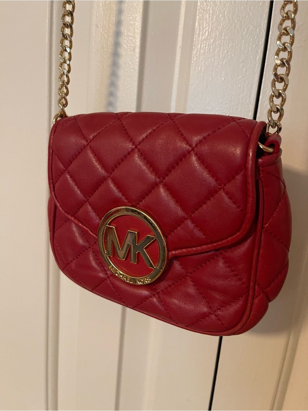 Michael Kors Red Quilted Leather Crossbody with Gold Chain